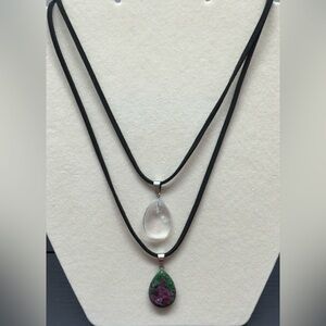 Set of 2 Natural Stone Drop Pendant Suede & Faux Leather String Cord Necklaces